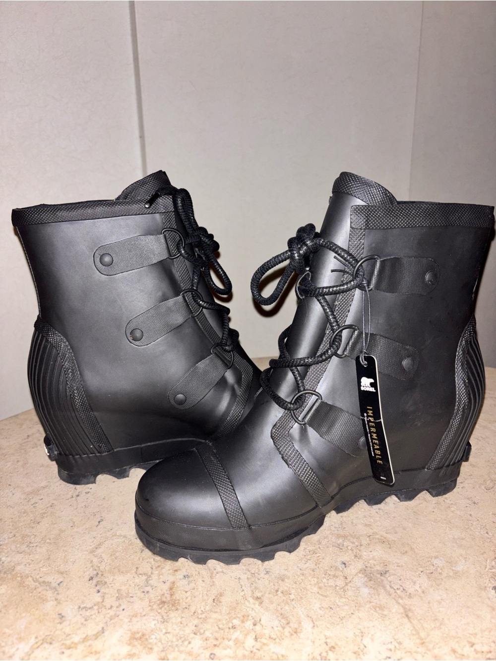 Sorel Black Lace-Up Wedge Waterproof Ankle Boot - Picture 3 of 5